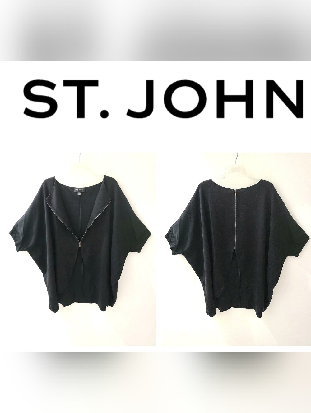 St. John Milano Knit Batwing Zip Front Cardigan Caviar Black Sz S-L